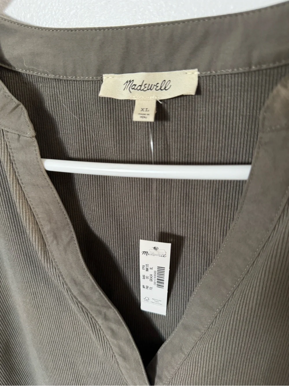 Madewell Olive Green Puff-Sleeve Henley Blouse, XL